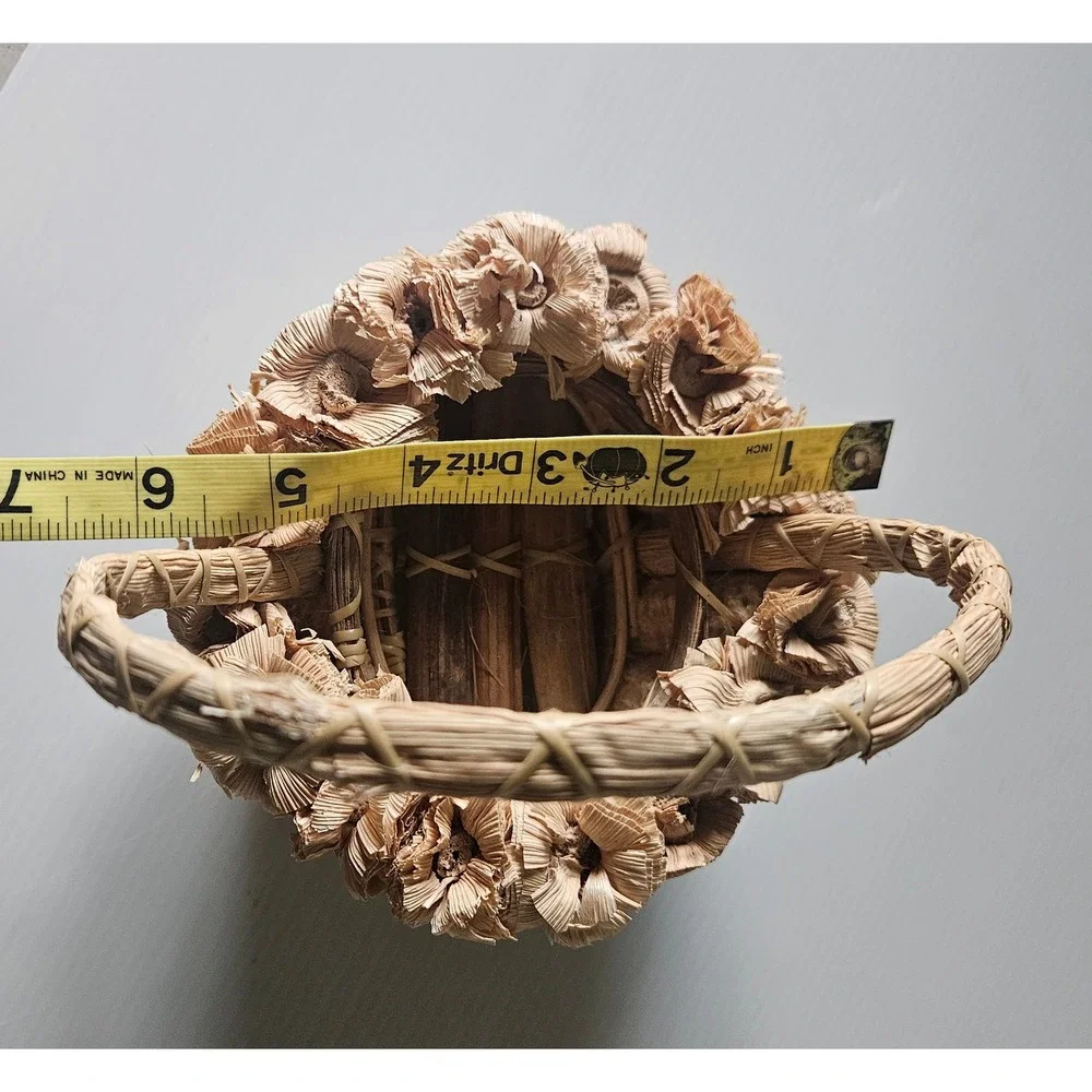Vintage Natural Corn Husk and Cob Decorative Basket with Floral Trim Rustic Folk